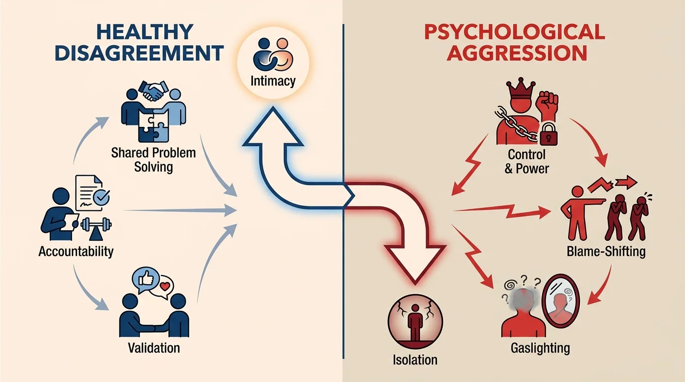 A comparison chart showing the differences between healthy disagreement and psychological aggression in communication.