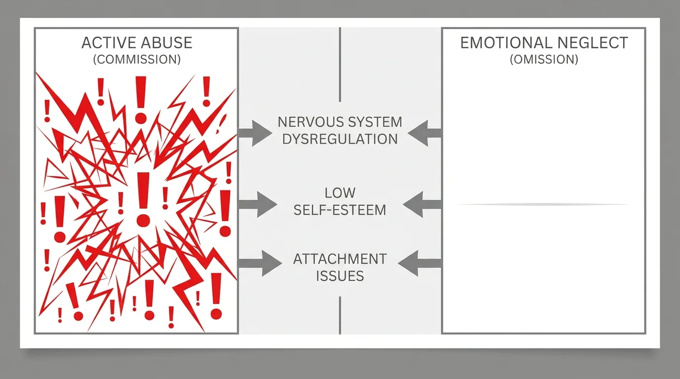 A comparison diagram contrasting the 'noise' of active abuse with the 'silence' and empty space of emotional neglect.