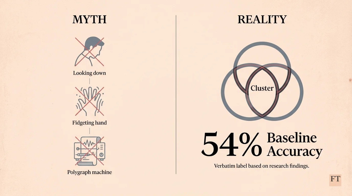 A comparison diagram debunking common myths like eye-avoidance and polygraphs, highlighting the 54% accuracy baseline.