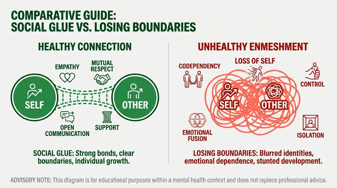 A comparison diagram showing 'Healthy Connection' as two linked circles and 'Unhealthy Enmeshment' as a tangled knot.