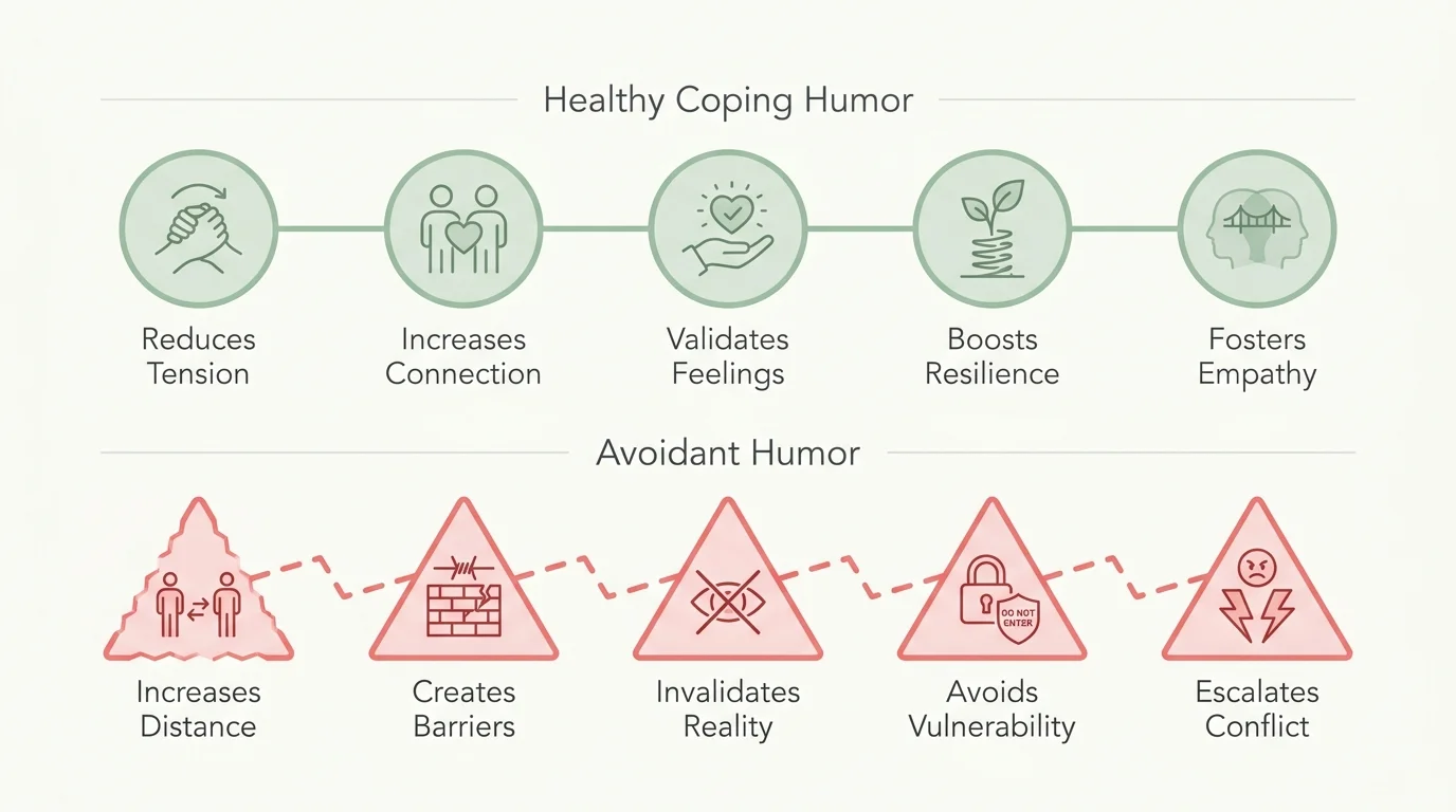 A comparison diagram showing 'Healthy Coping' with green icons and 'Avoidant Humor' with red icons.