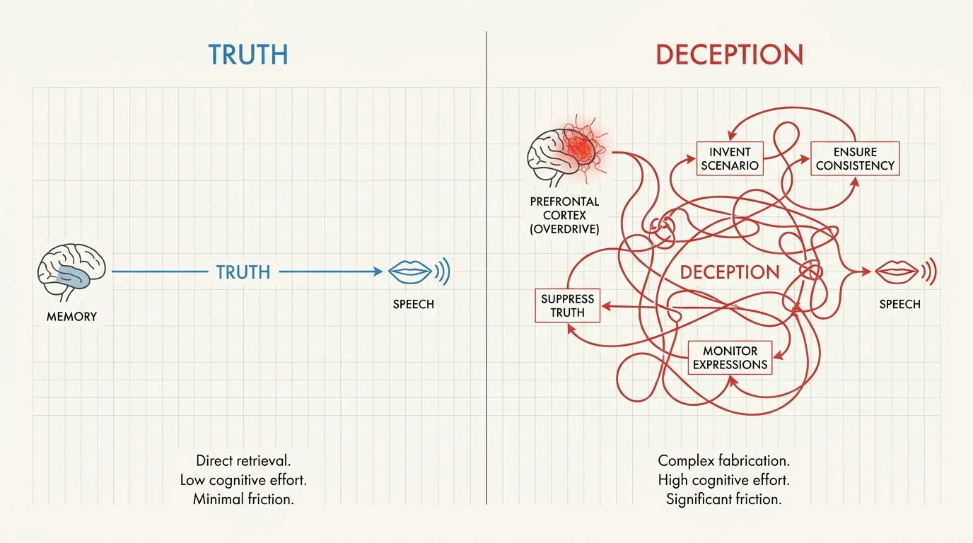A comparison diagram showing the simple mental path of truth-telling versus the complex, high-load path of deception.