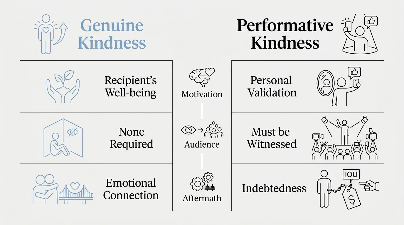 A comparison table showing the differences between genuine and performative kindness across motivation, audience, and aftermath.
