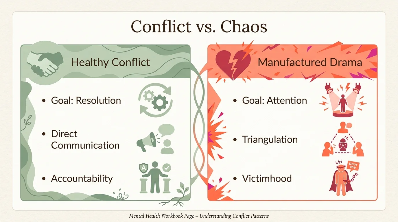A comparison table showing the differences between healthy conflict and manufactured drama.