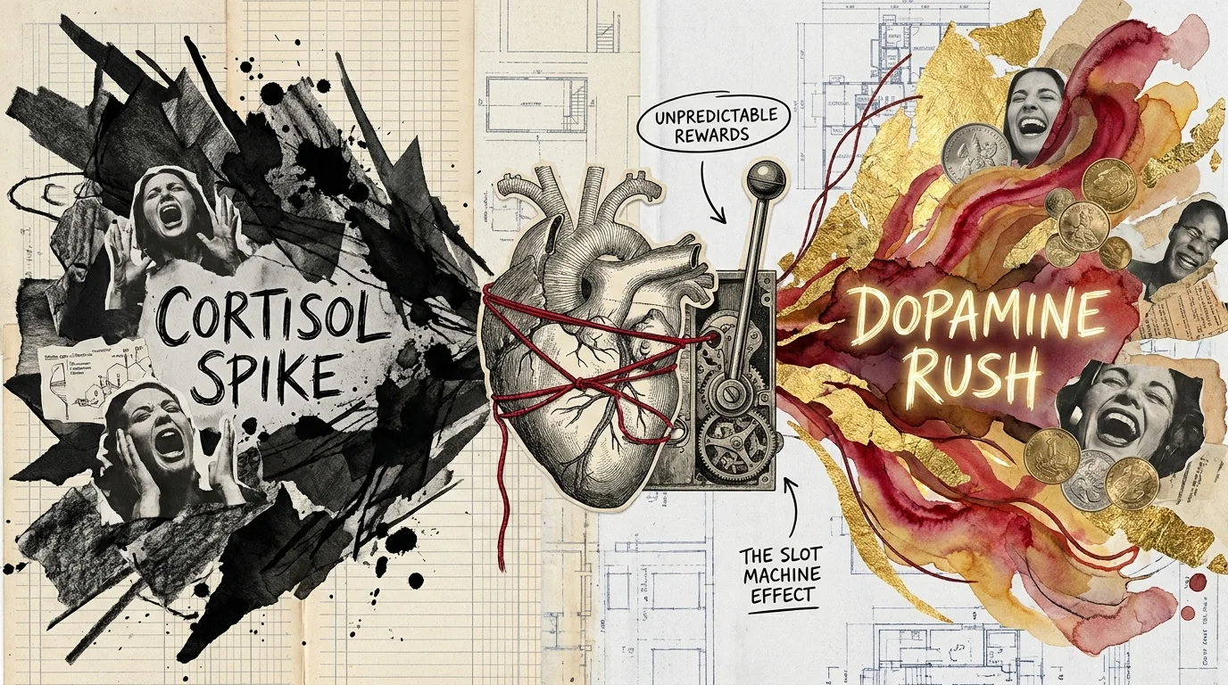 A conceptual collage of a heart connected to a slot machine lever, representing the addictive cycle of intermittent reinforcement.