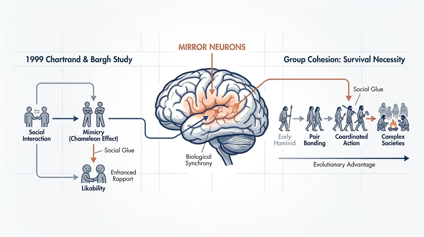 A conceptual diagram showing the link between mirror neurons, the 1999 Chartrand & Bargh study, and evolutionary survival.