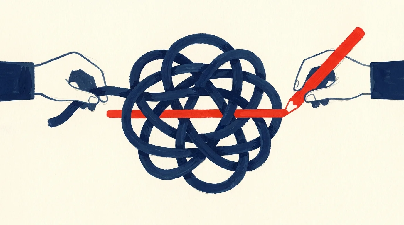 A conceptual illustration of two hands working together to untangle a large rope knot with a red line.