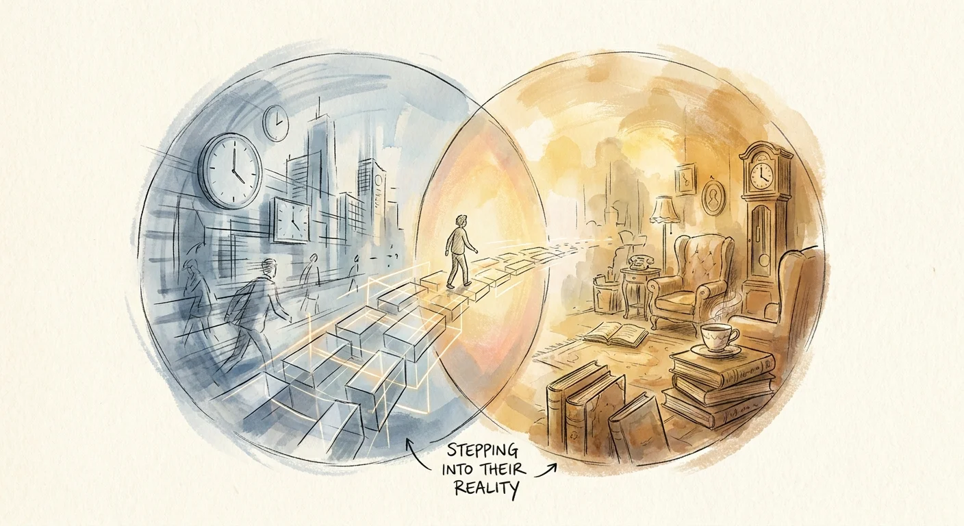 A conceptual illustration of two overlapping worlds, representing the bridge between a caregiver’s reality and an older adult’s reality.