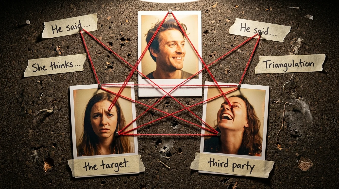 A corkboard with three photos connected by red thread in a triangle, with handwritten notes like 'He said...'