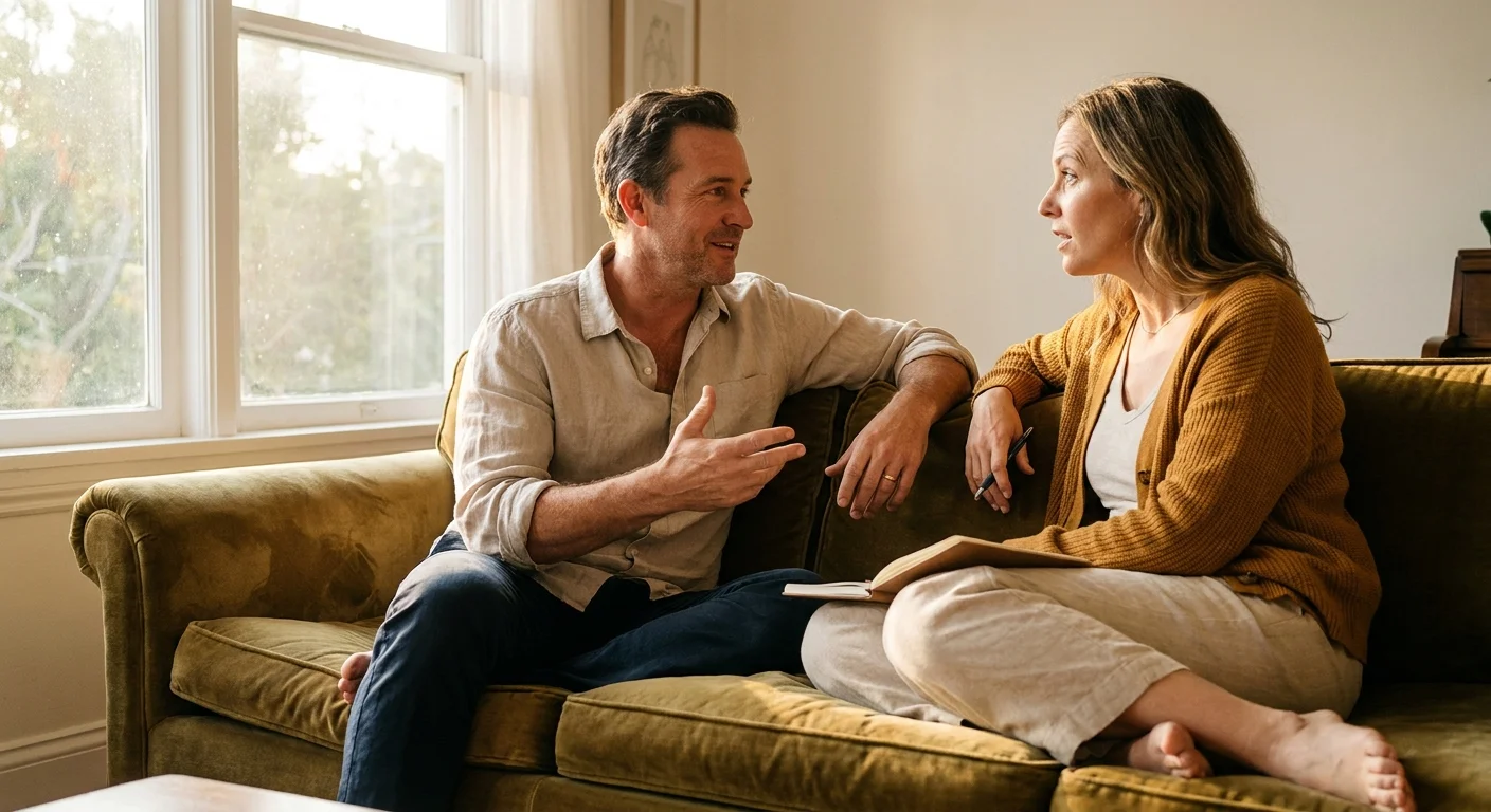 A couple on a couch engaged in a serious conversation, with one partner leaning in and listening intently.