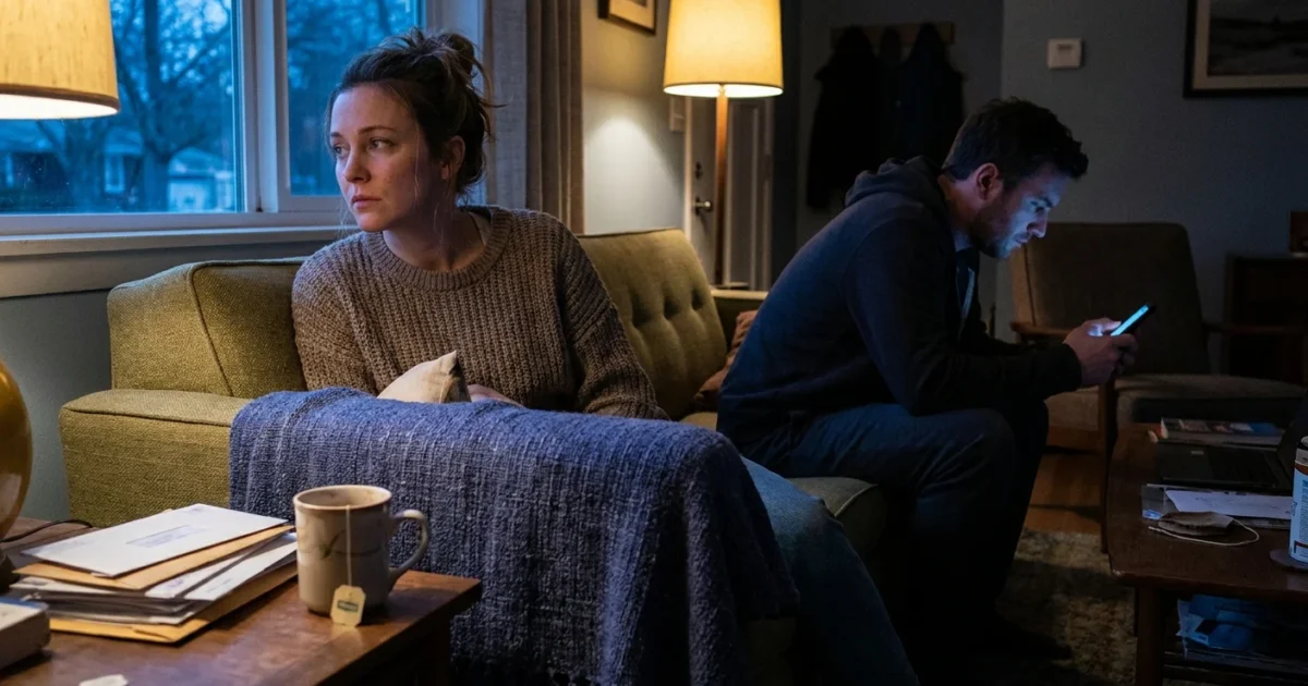 A couple sits on a sofa in a dimly lit room, one person looking at a phone while the other looks away, capturing a moment of secrecy.