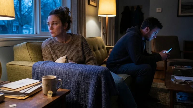 A couple sits on a sofa in a dimly lit room, one person looking at a phone while the other looks away, capturing a moment of secrecy.