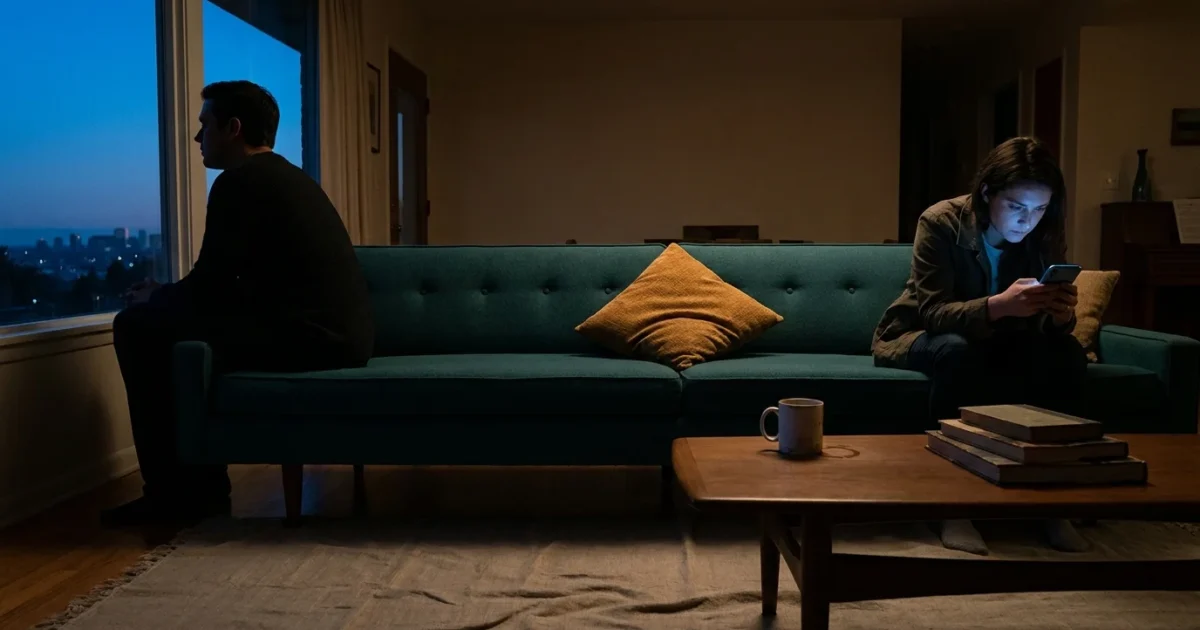 A couple sits on opposite ends of a sofa in a dark room, one looking out a window and the other looking at a phone, showing emotional distan
