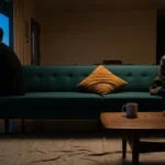 A couple sits on opposite ends of a sofa in a dark room, one looking out a window and the other looking at a phone, showing emotional distan