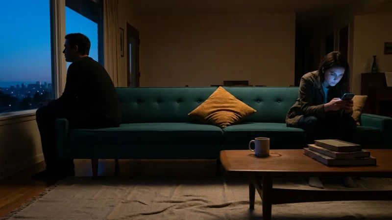 A couple sits on opposite ends of a sofa in a dark room, one looking out a window and the other looking at a phone, showing emotional distan