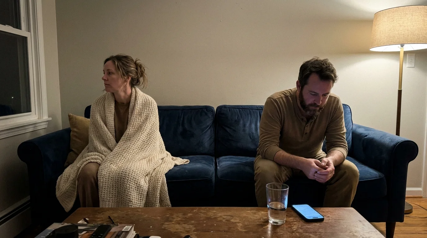 A couple sitting on a couch with a noticeable space between them, reflecting a moment of tension and the search for trust.