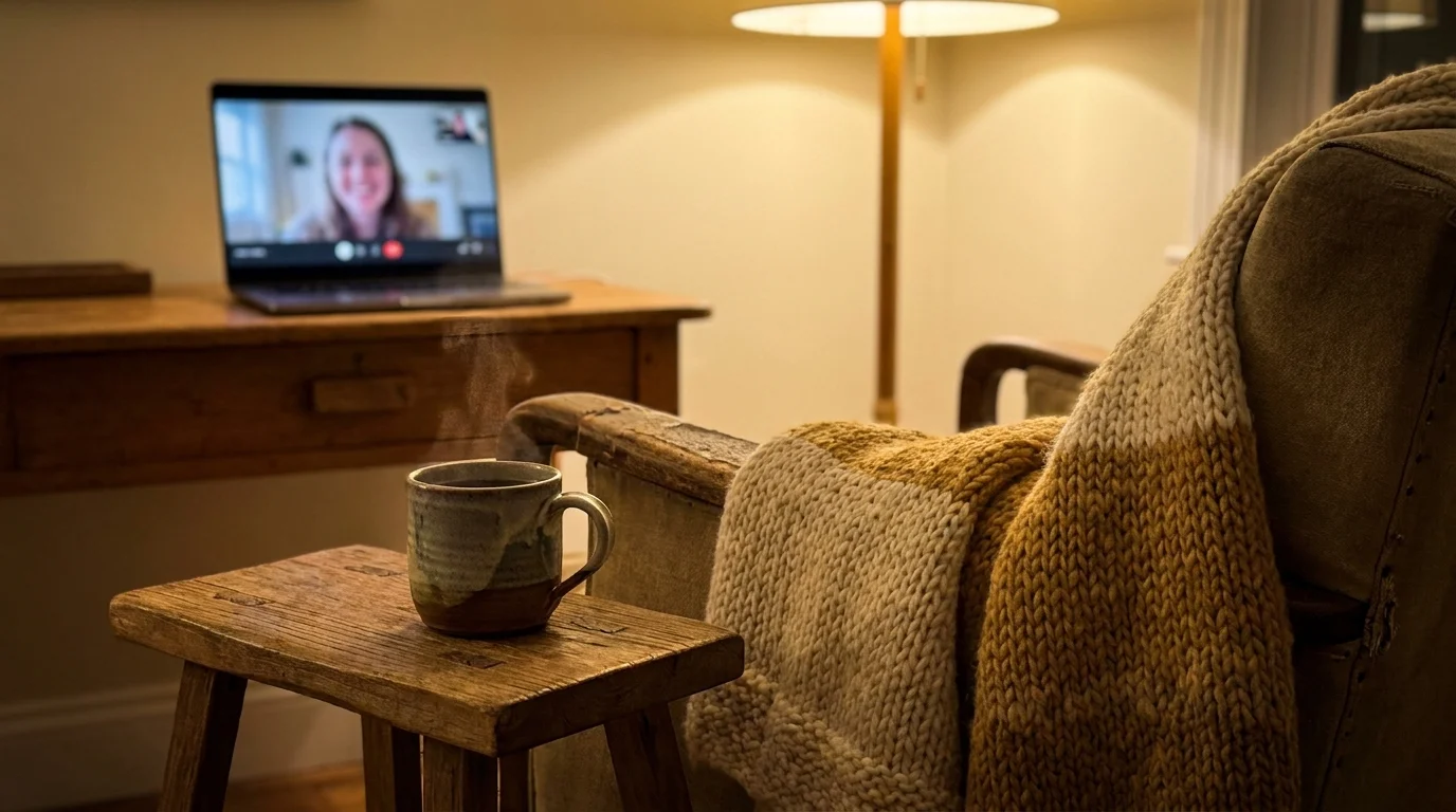 A cozy, warm photograph of a living room corner with tea and a laptop, suggesting a comfortable space for therapy.