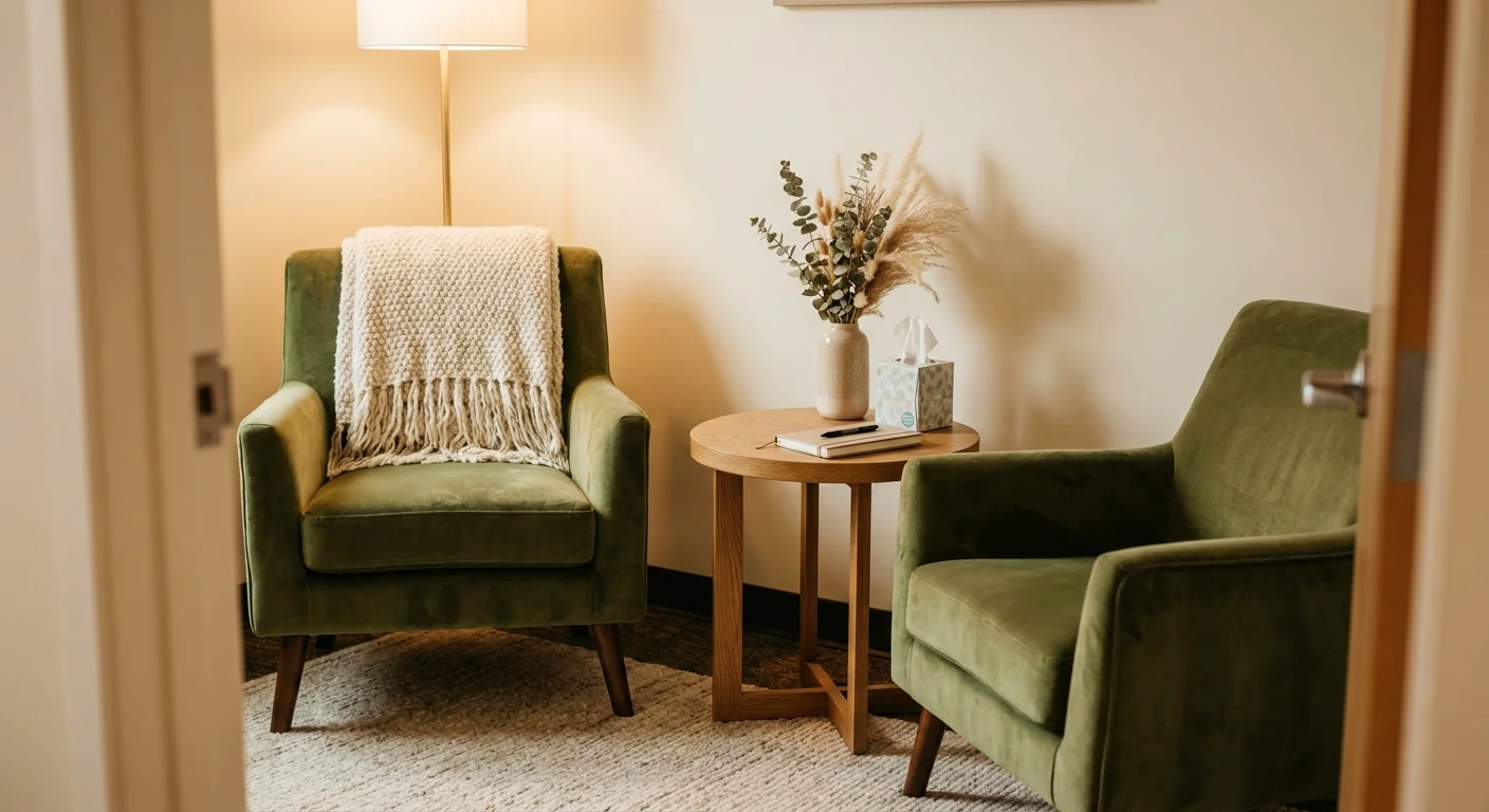 A cozy, warm therapist's office with two comfortable chairs and a soft blanket, suggesting a safe space for support.