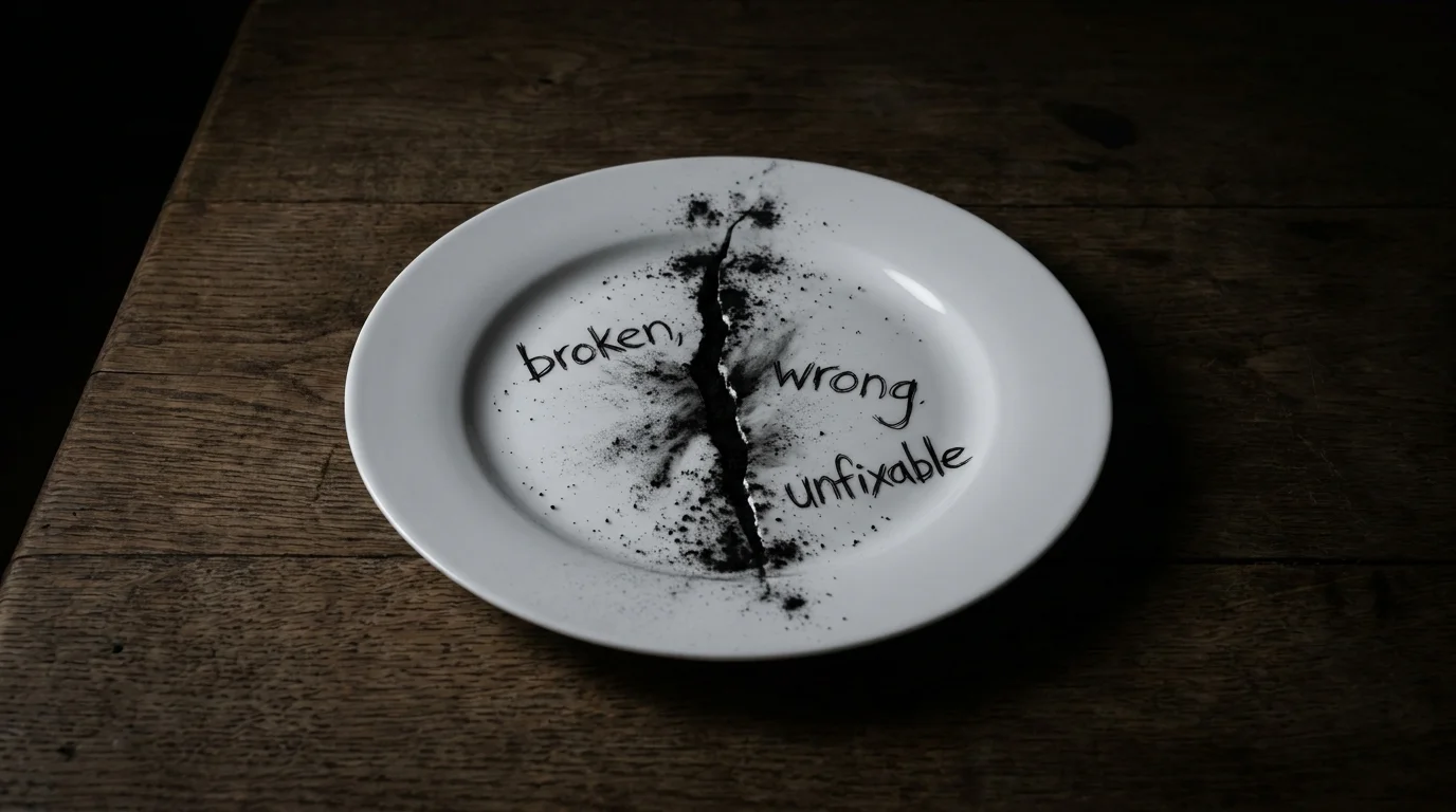 A cracked white plate with charcoal dust filling the fissure, surrounded by the words 'broken' and 'unfixable'.