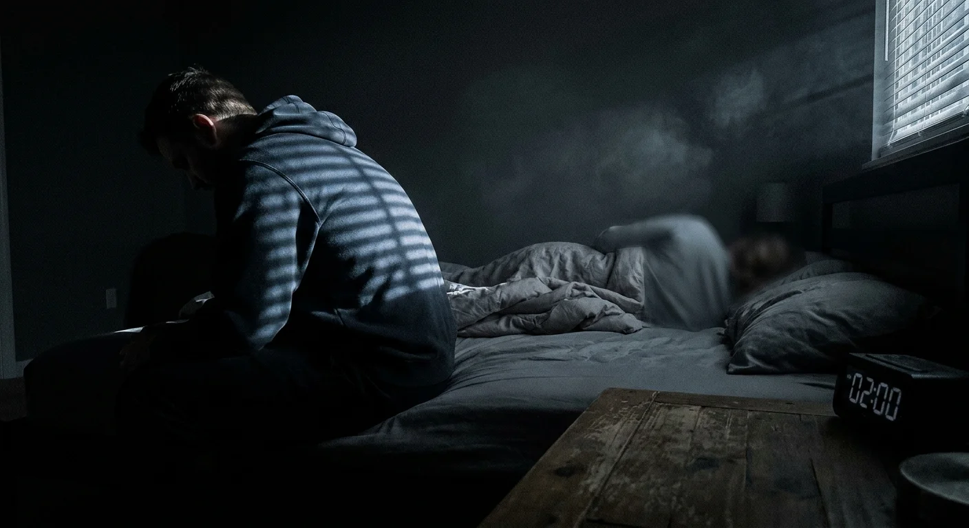A dark photo of a man sitting on the edge of a bed with his back turned, illustrating the coldness of stonewalling.