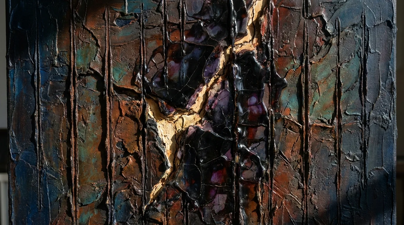 A dark, textured abstract painting with thick layers of paint and vertical lines, representing the weight of a long-held grudge.