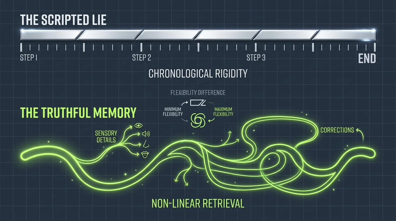A diagram comparing the rigid, perfectly linear structure of a lie to the messy, non-linear nature of a real memory.