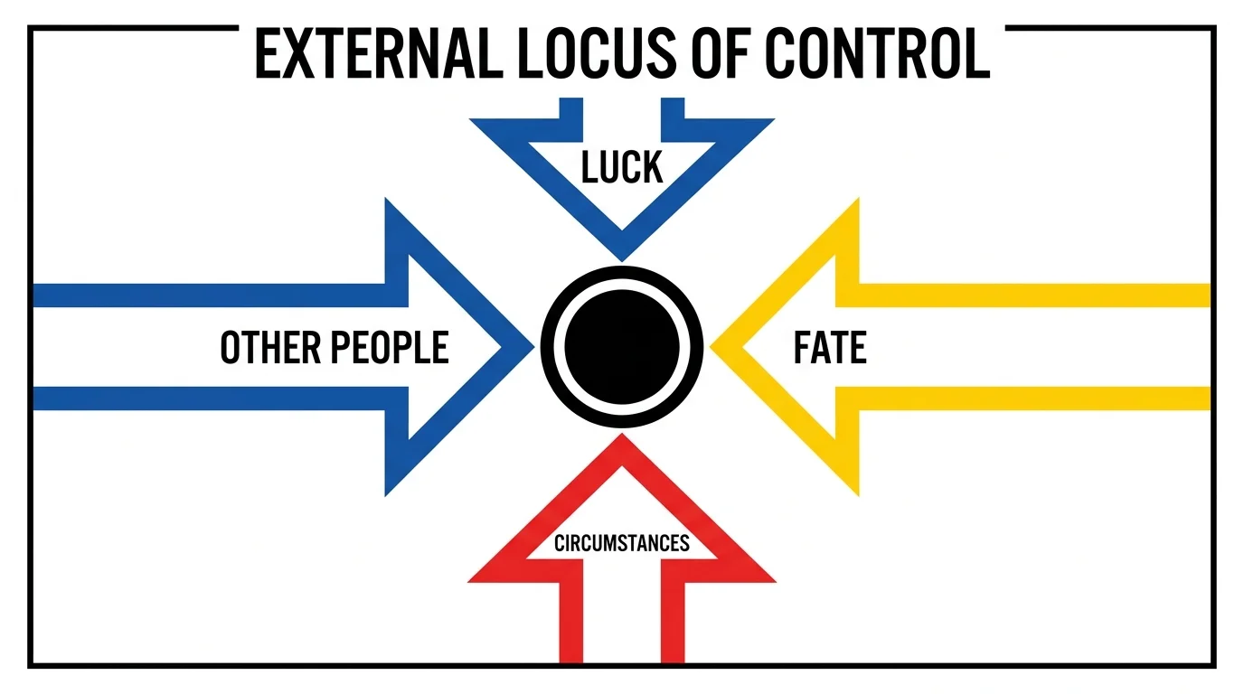 A diagram showing a central circle being pushed by arrows labeled Luck, Fate, and Other People.