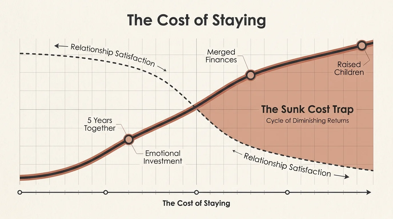 A diagram showing how emotional investment increases over time while relationship satisfaction decreases, labeled with '5 Years Together'.