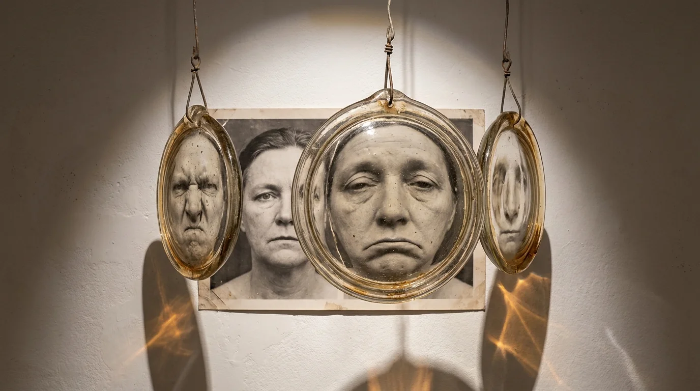 A face viewed through distorting glass lenses, symbolizing how emotional stagnation is often misinterpreted as other traits.
