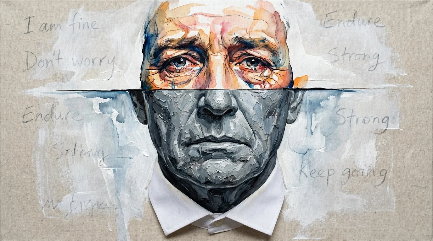 A face with a stone-like mouth and emotional eyes, symbolizing the habit of emotional suppression.