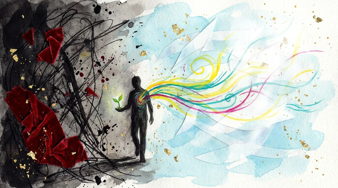 A figure walks from a dark, stage-like area into a bright, open watercolor space, symbolizing the reclamation of energy.