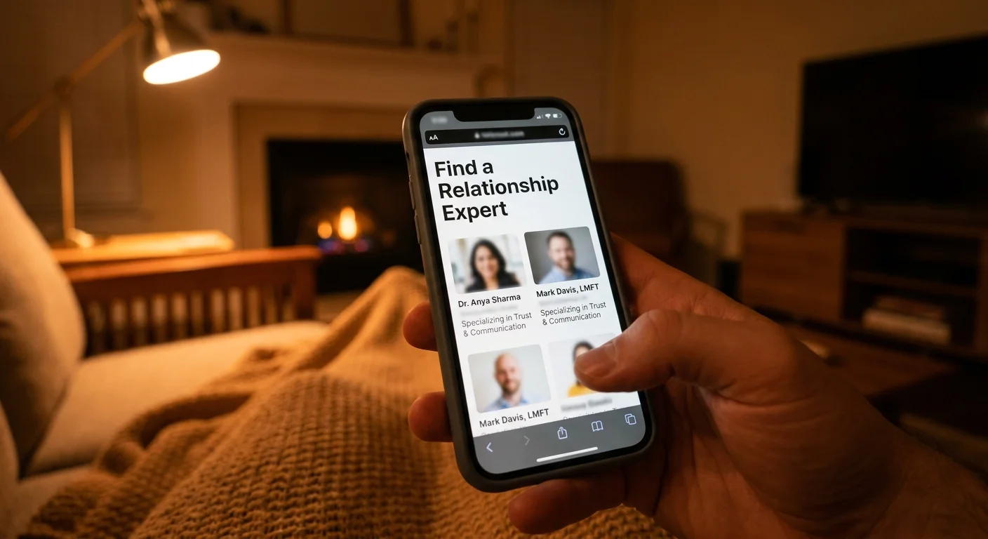 A first-person view of someone using a phone to find a relationship expert, in a warm and comfortable home setting.