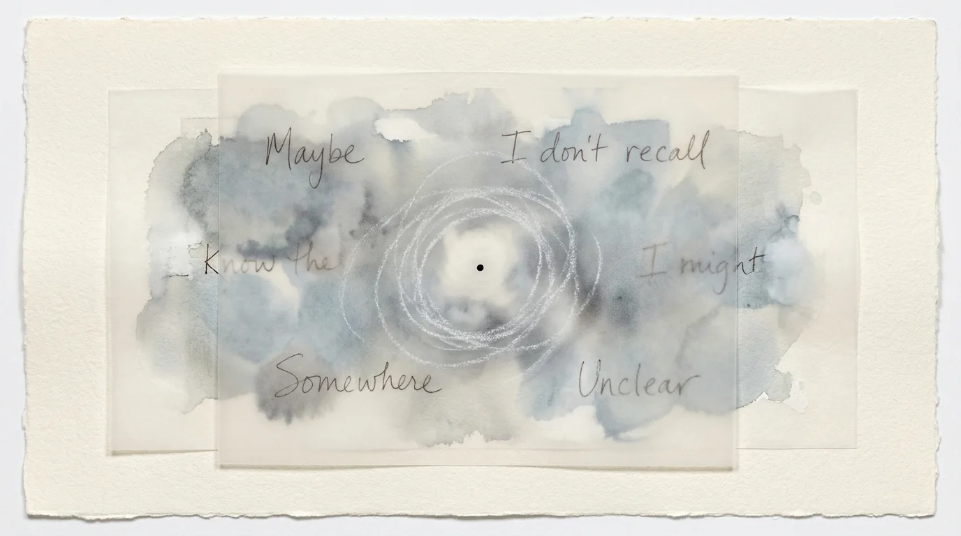A foggy, layered abstract piece with blurred words like 'Maybe' and 'Somewhere' representing vague communication.