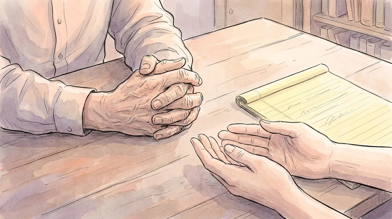 A gentle watercolor illustration of two people's hands on a table during a supportive conversation, symbolizing therapy.