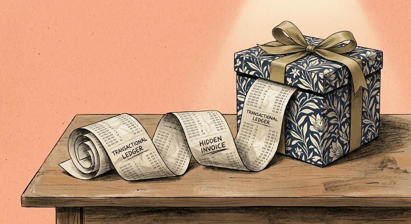 A gift box with a long, snake-like receipt spilling out of it, symbolizing transactional kindness.