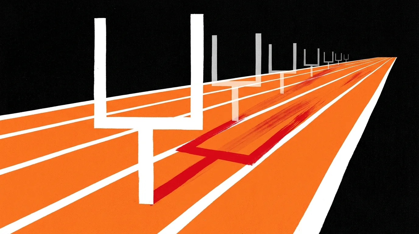 A graphic illustration of an orange running track where the goalposts are being dragged toward a distant horizon.