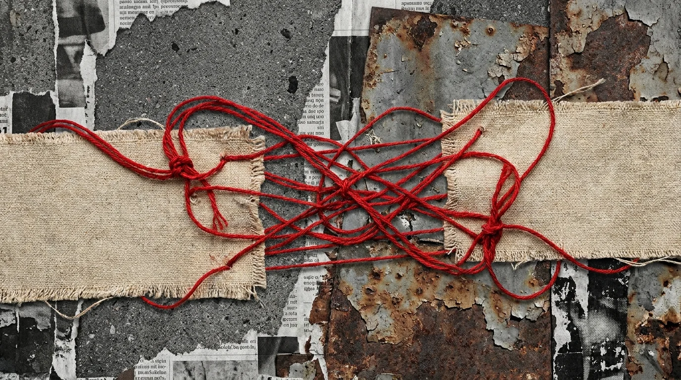 A gritty mixed-media collage of grey industrial textures held together by tangled, knotted red threads.