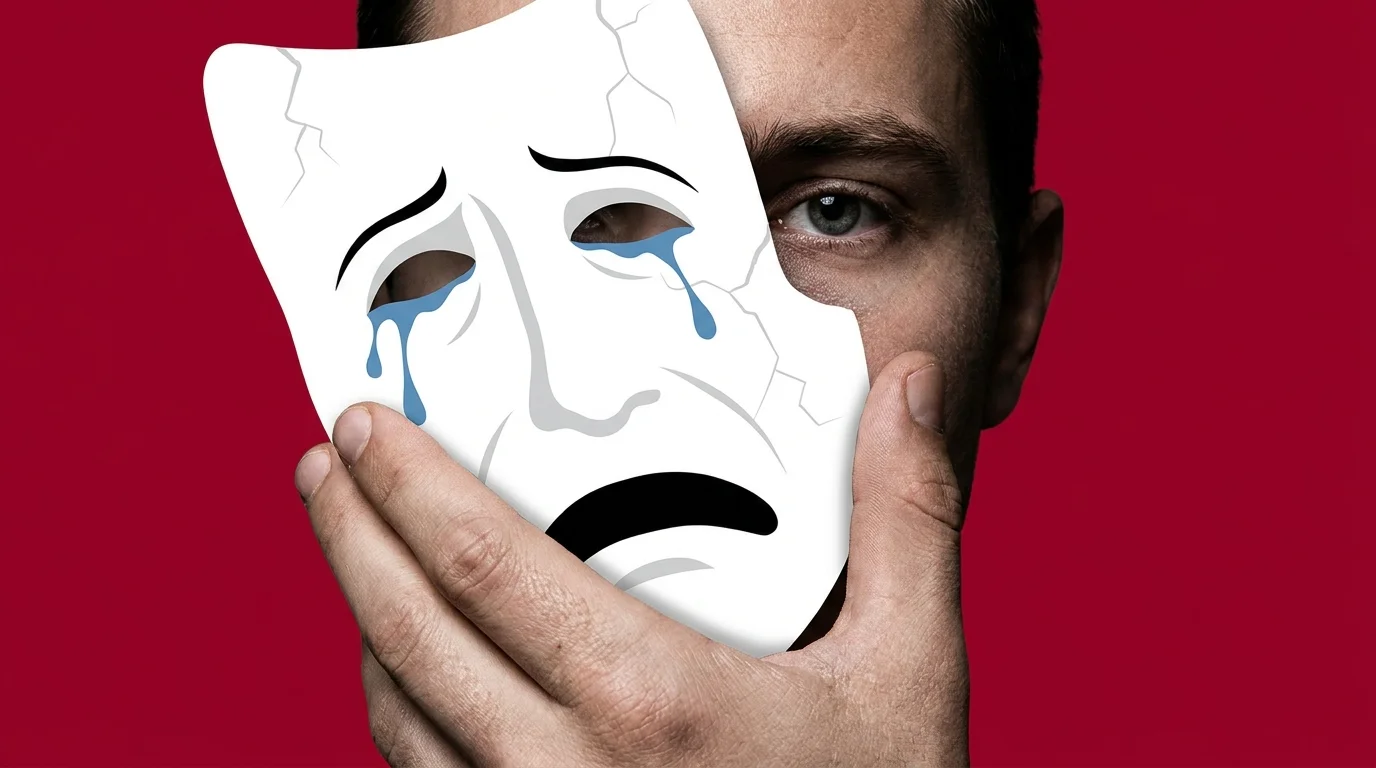 A hand holds a crying theatrical mask in front of a face that looks cold and indifferent behind it.