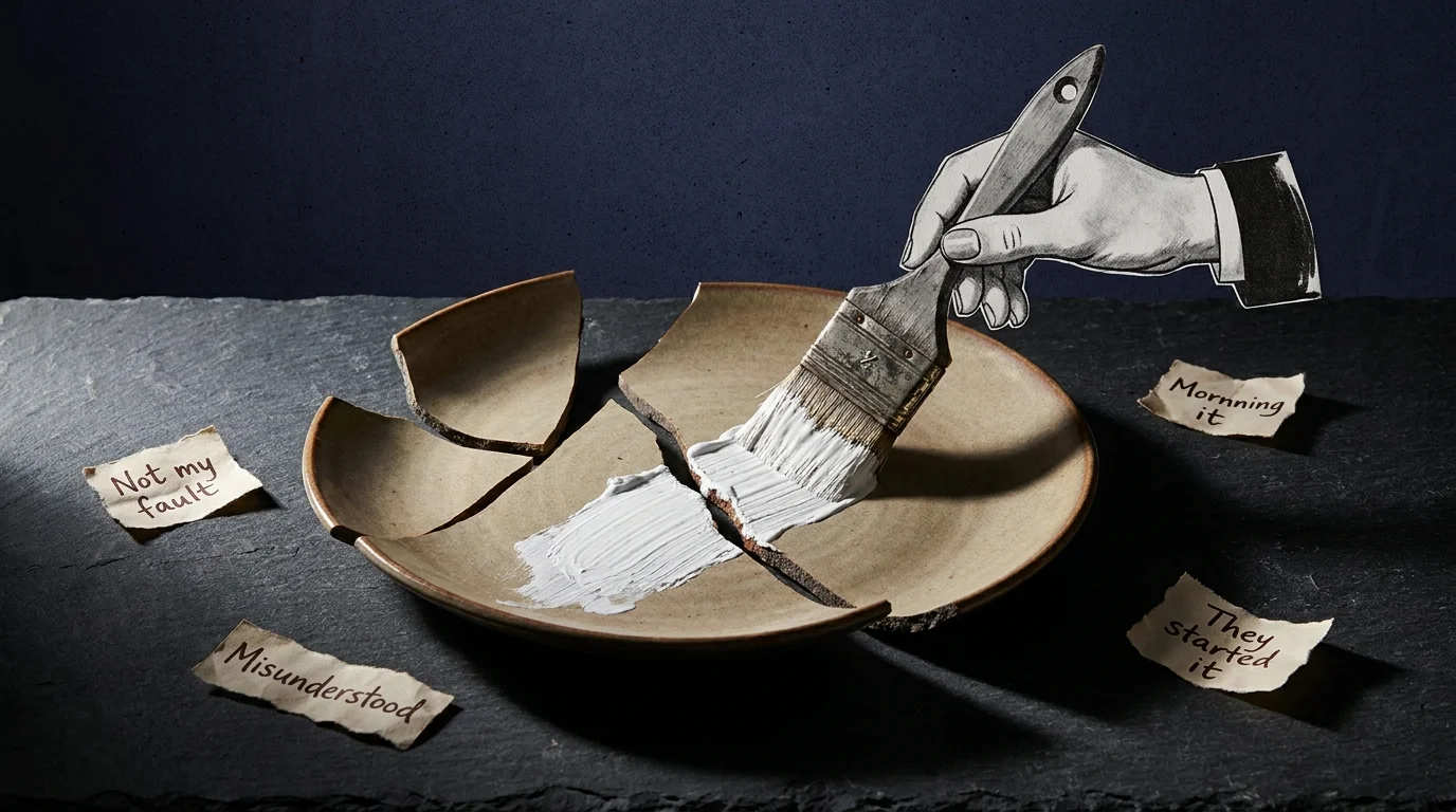A hand tries to paint over the cracks in a broken plate with thick white paint, surrounded by notes making excuses for the damage.