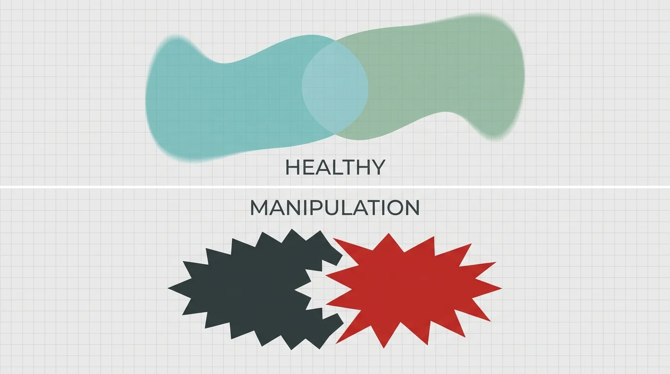 A horizontal comparison showing soft overlapping teal shapes for 'Healthy' and jagged interlocking red shapes for 'Manipulation.'