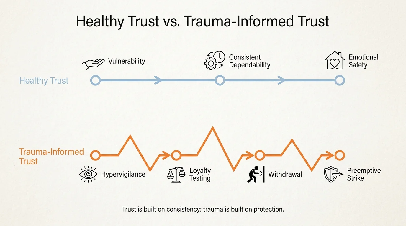 A horizontal diagram comparing the linear path of healthy trust with the jagged, defensive path of trauma-informed trust.