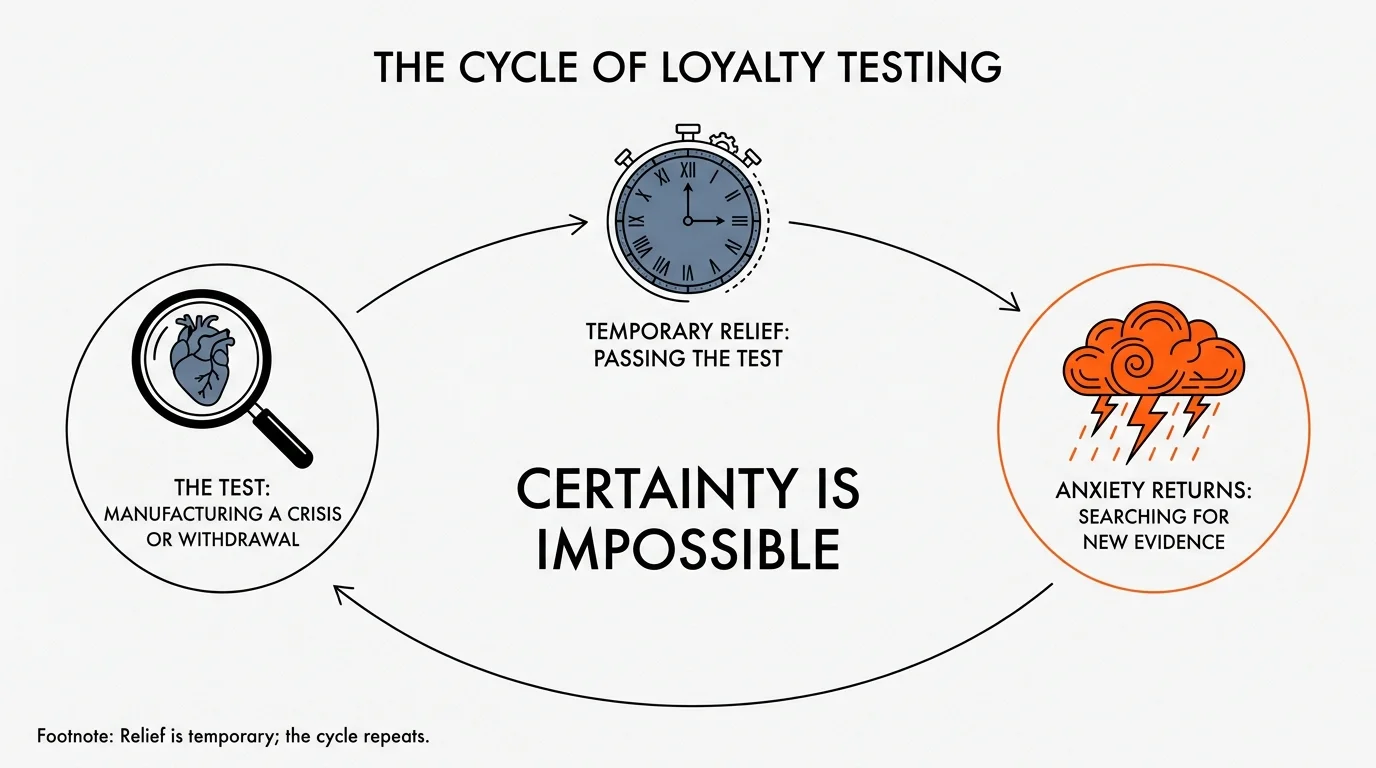 A horizontal diagram showing the repetitive cycle of testing loyalty, temporary relief, and returning anxiety.
