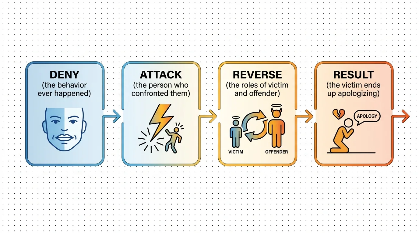 A horizontal flowchart showing the DARVO process: Deny, Attack, and Reverse Victim and Offender.