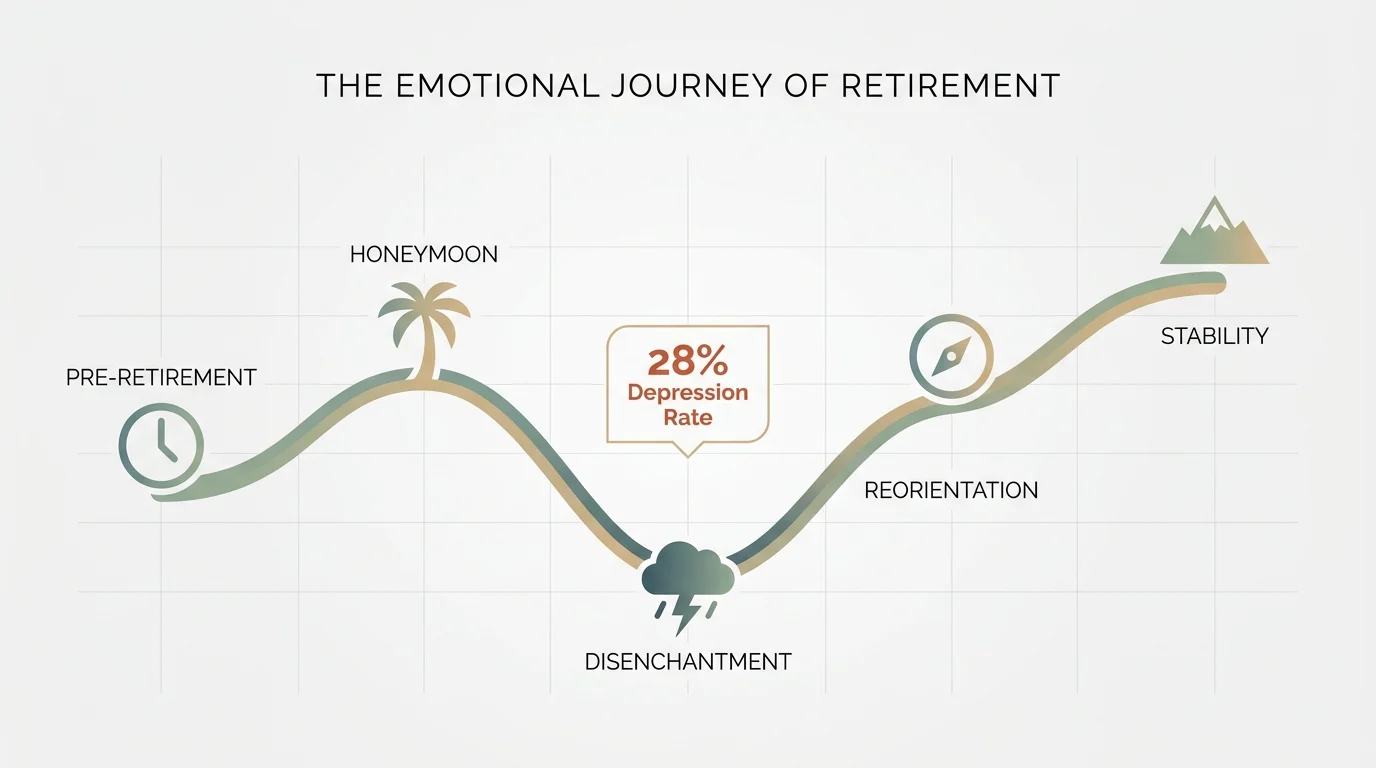 A horizontal infographic showing the five stages of retirement: Pre-Retirement, Honeymoon, Disenchantment, Reorientation, and Stability.