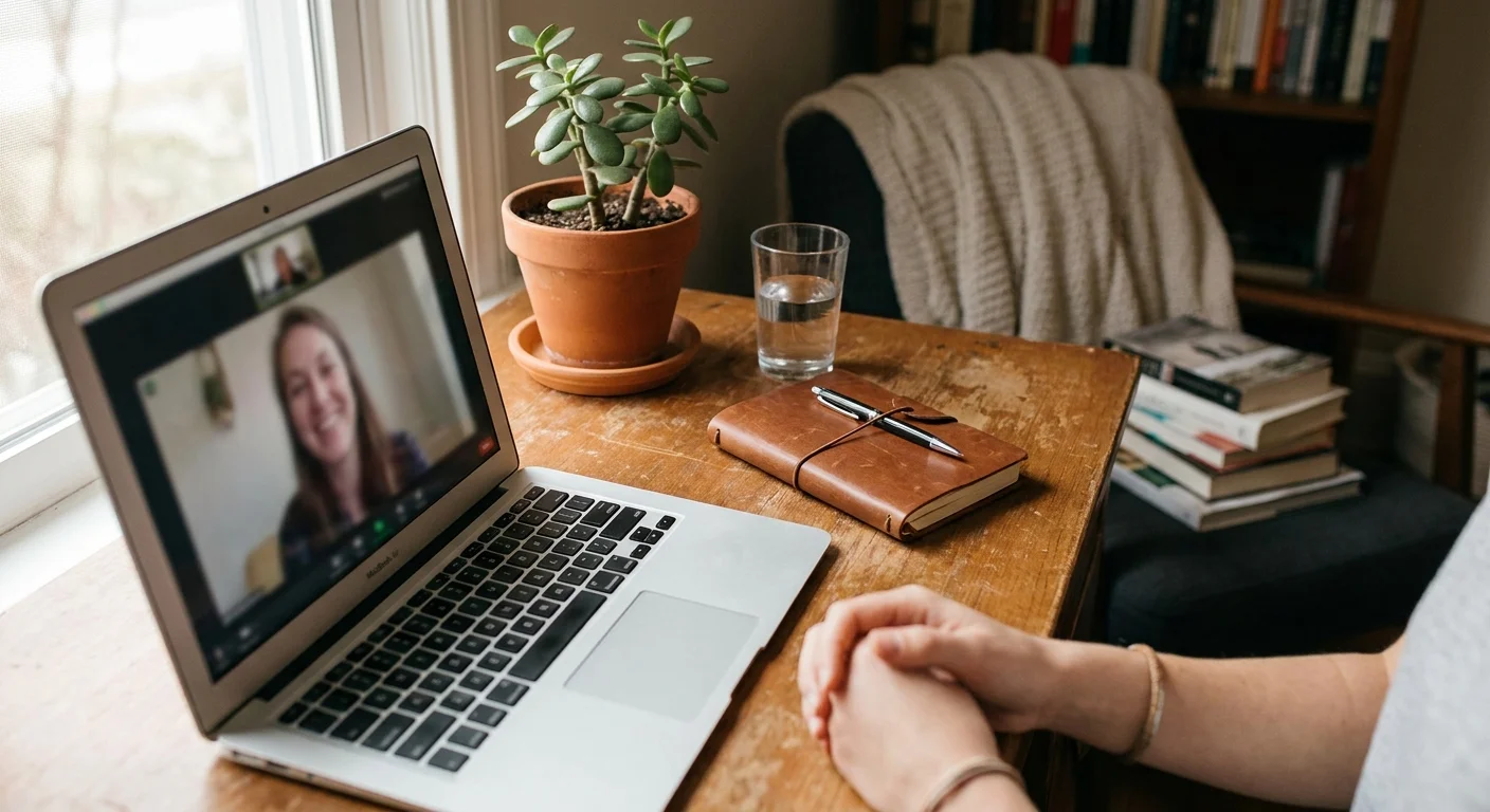A laptop on a desk showing a telehealth session next to a journal and a plant, representing the step of seeking help.