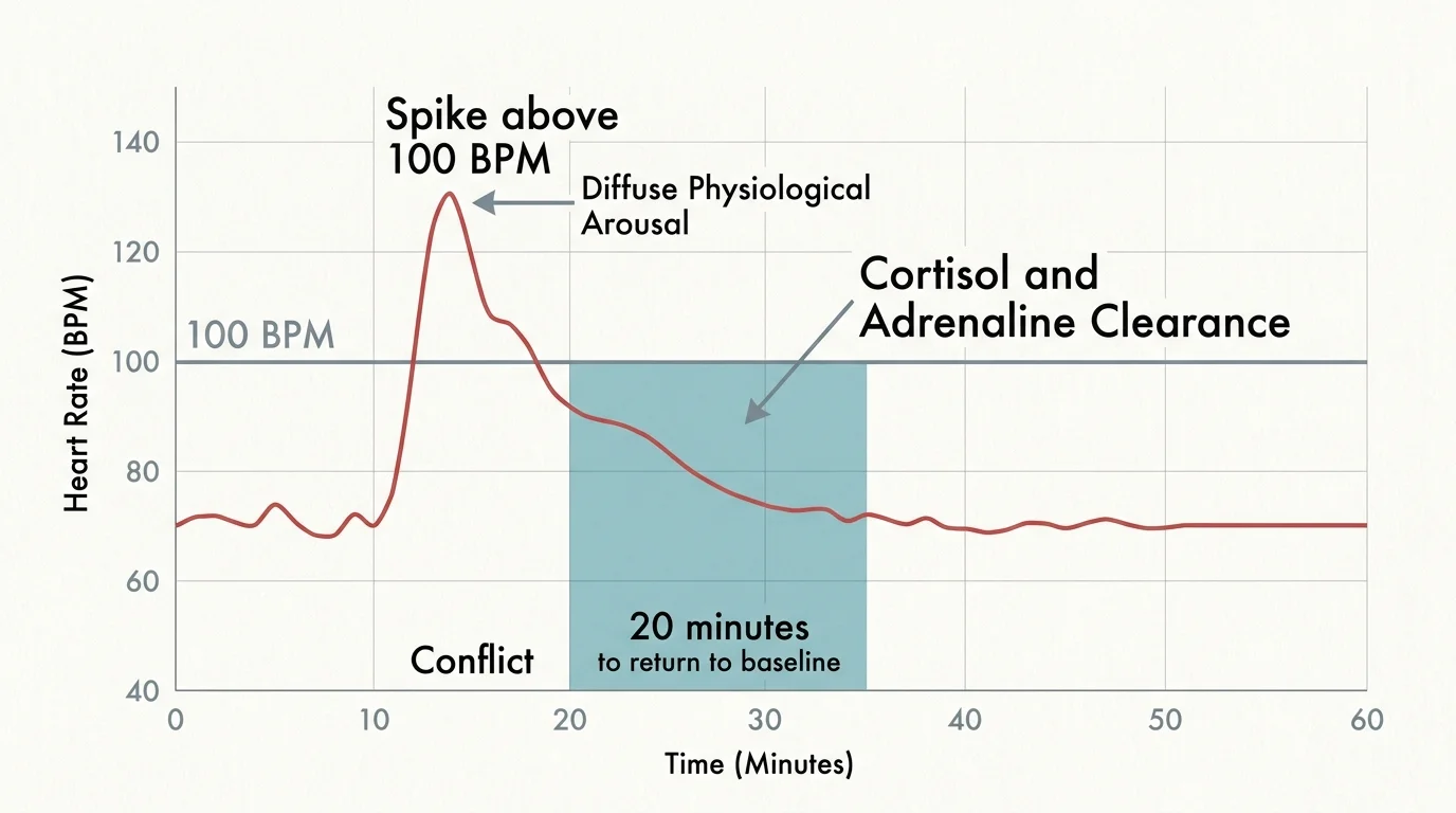 A line graph showing a heart rate spike above 100 BPM followed by a 20-minute recovery period labeled as cortisol clearance.