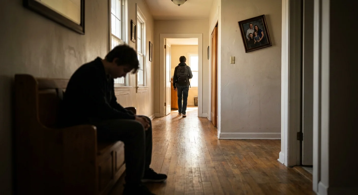 A long hallway with one person in the blurred foreground and another person walking away in the distance, showing emotional withdrawal.