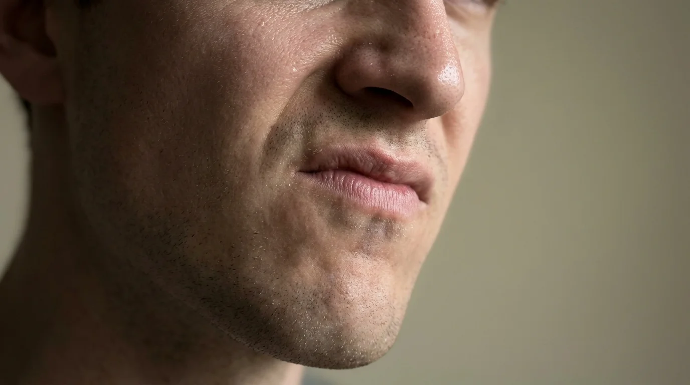 A macro photograph of a subtle, asymmetrical lip curl, illustrating a micro-expression of contempt.