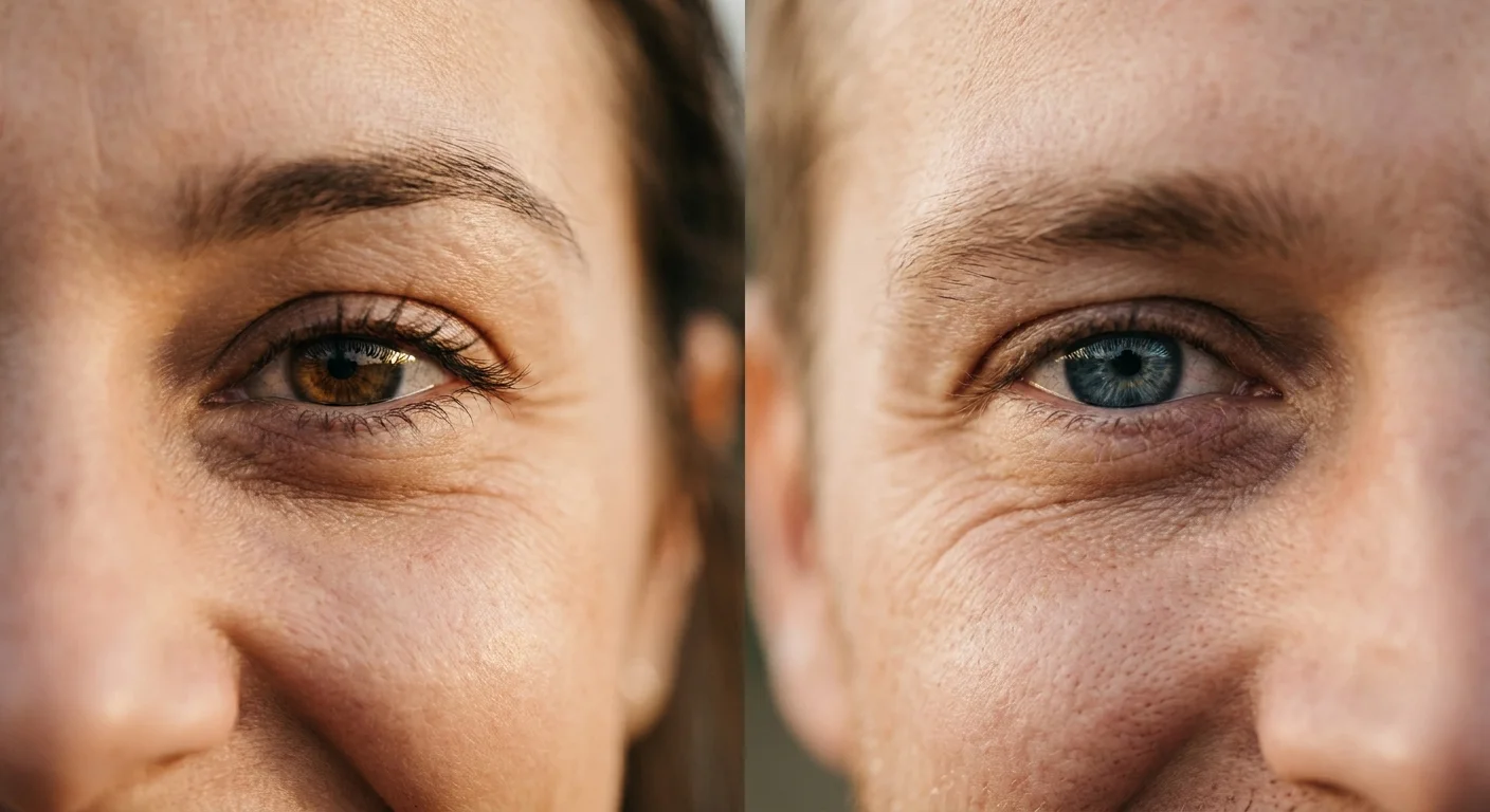 A macro photograph showing two different people's eyes both crinkling in the same expression of joy.