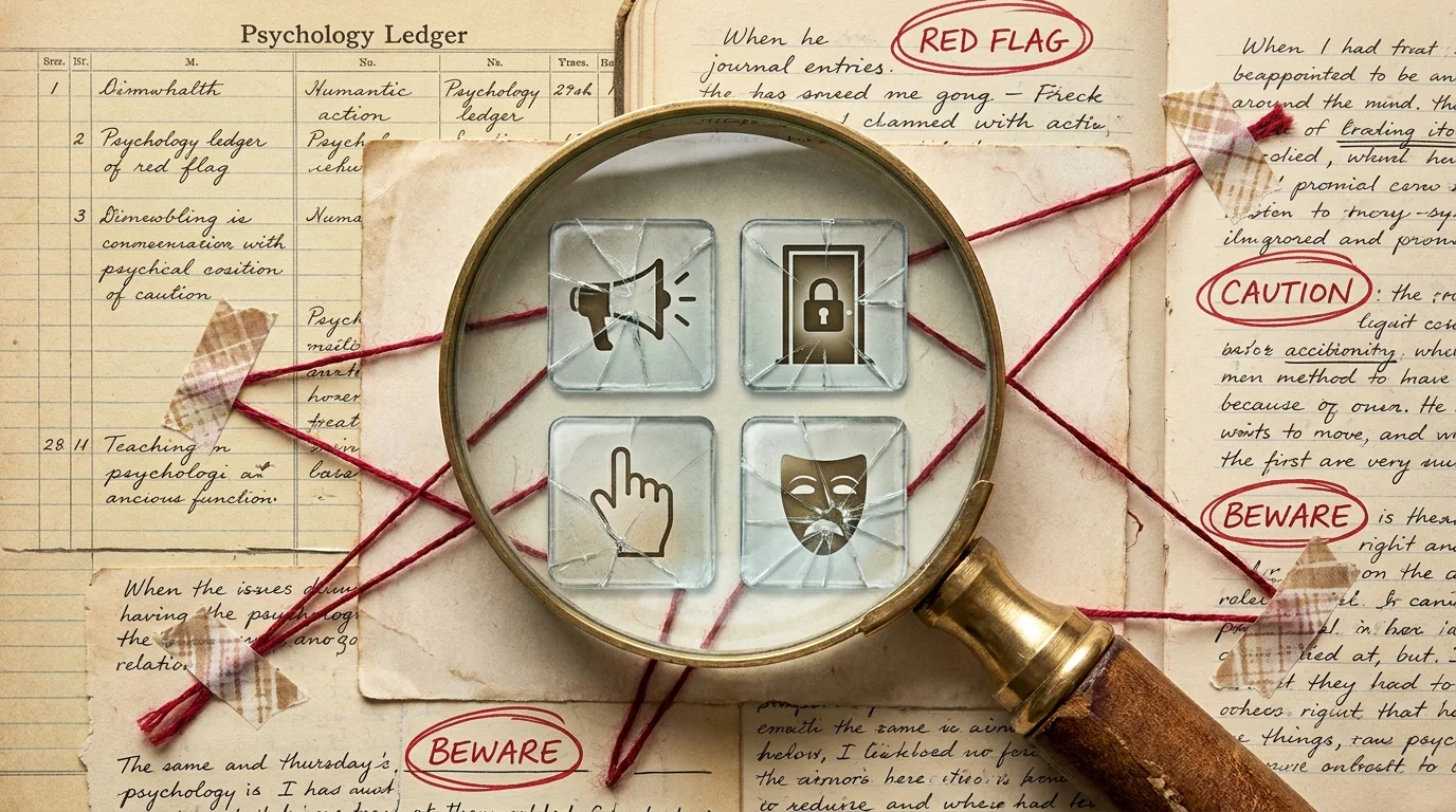 A magnifying glass examines a grid of behavior icons, revealing cracks in them, with red threads connecting the patterns on a ledger.